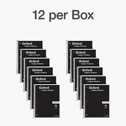 Oxford Spiral Notebook 1-Subject, Bulk College Ruled Spiral Notebooks for School, College Ruled Paper, Black Covers, 70 Perforated Lined Sheets, 8 x 10-1/2 Inches, 12-Pack, Bulk Journals (63744)