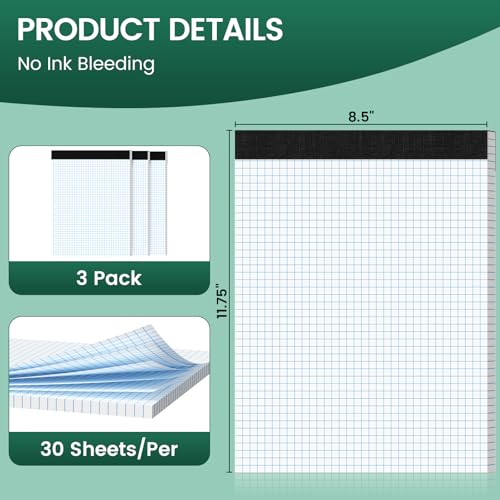 Graph Paper 8.5 X 11, 3 Pack, 4x4 Quad Ruled, Grid Paper Pad 8-1/2" X 11.75", Grid Pad 8.5 X 11.75, Engineering Notebook, Easy Tears Off, White 70 Gsm Graft Paper - style: 3 Pack