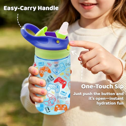Game 14oz Kids Water Bottle with Straw - Leakproof BPA-Free Plastic Pop-Up Spout, Reusable Leak Proof Travel Bottle for Gaming & Outdoor Sports - color: 1Game