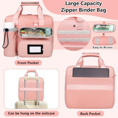 SIYNPAV 3 Inch Zipper 3 D-Ring Binder Bag, 700 Sheet Portfolio Organizer with Shoulder Strap, 13 Inch Laptop Sleeve, Pen& Bottle Pocket for Middle School, Peach - color: Peach
