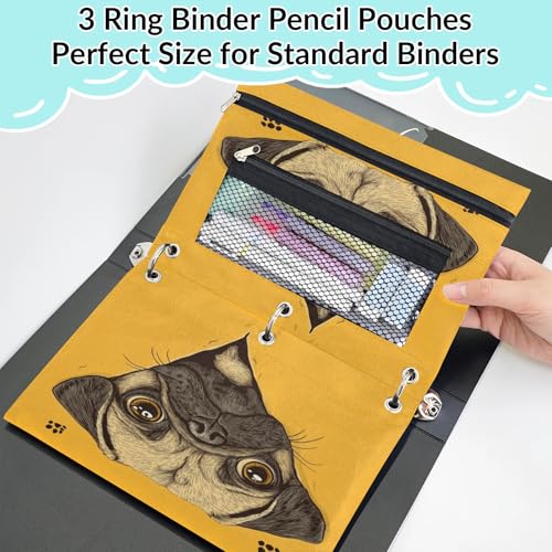 Cute Pug Pencil Pouch for 3 Ring Binder Dog Yellow Pencil Case Bag with Clear Window Zipper Pockets for Kids Girls Boys Students School College Supplies 2 Pack - color: Yellow Brown