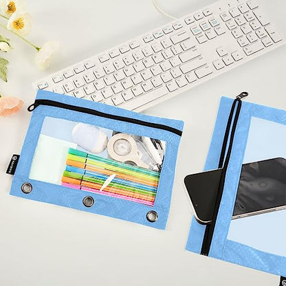 MCHIVER Light Blue Pencil Pouch for 3 Ring Binder Pencil Pouches with Zippers Clear Window Binder Pockets Pencil Bags for Work Office Daily 2 Packs - color: Light Blue