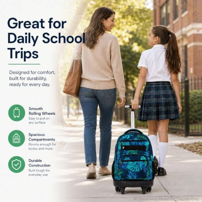 3Pcs Rolling Backpack for Men, 19 Inche Adult Bag with Roller Wheels, Wheeled Bookbag Set for Boys - Green - color: Leaf Green