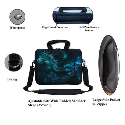 12 Inch Water Resistant Neoprene Laptop Bag with Reinforced Zipper, Strap, Pockets, Fits 11.6" to 12.3" Laptops - color: Blue Dragon