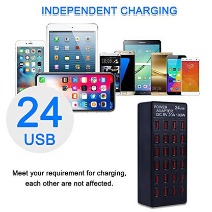 24-Port 100W (20 A) USB Charging Station, Home-Sized Desktop USΒ Fast Charger, Multiple USB Desktop Chargers for Hotels, Schools, Shops, Shopping malls and Travel