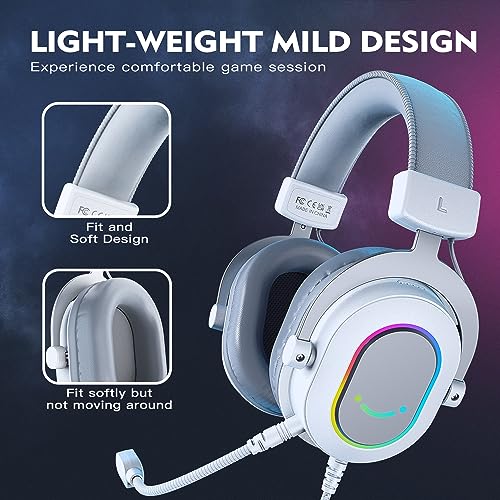 FIFINE USB Gaming Headset, PC Headphones Wired with Microphone for Computer/Laptop, Over-Ear RGB Headset with 7.1 Surround Sound, Noise Cancellation for Streaming Video Game- AmpliGame H6 (White) - color: White