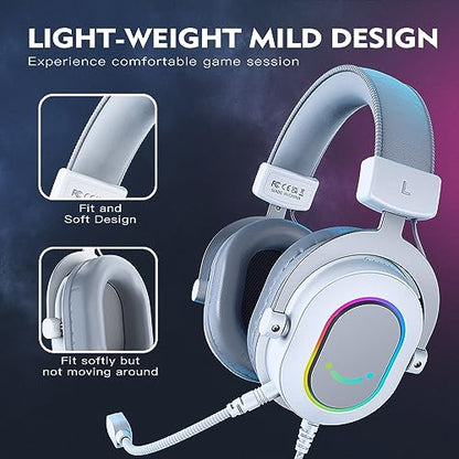 FIFINE USB Gaming Headset, PC Headphones Wired with Microphone for Computer/Laptop, Over-Ear RGB Headset with 7.1 Surround Sound, Noise Cancellation for Streaming Video Game- AmpliGame H6 (White) - color: White
