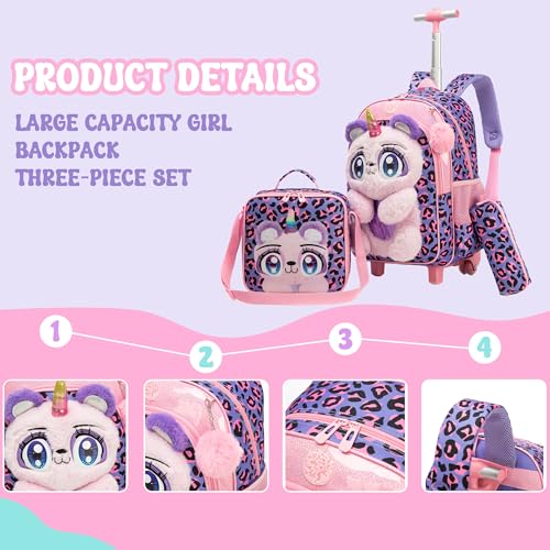 Meetbelify Rolling Backpack for Girls Backpack with Wheels for Elementary Student Kids School Bag with Lunch Box Pencil Case for Girls Ages 6-8 Years Old - color: Purple