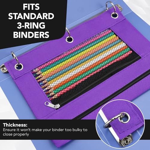 3 Ring Pencil Pouch for Binder, 2-Pocket Zipper Pencil Case with Clear Window & Mesh Pocket, Heavy Duty 600D Oxford Fabric Binder Pouch for School Office Supplies, Fits Standard 3-Ring Binders, Purple - color: Purple