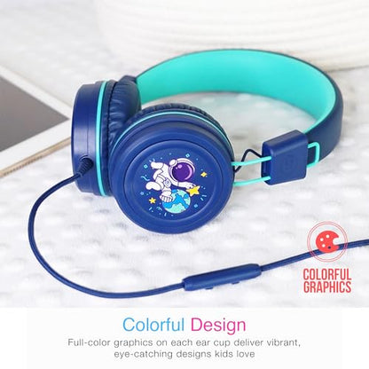 MEE audio KidJamz KJ55 Wired Children’s Headphones with 3.5mm Plug, Colorful Graphics, Volume Limiter & Microphone, Adjustable On-Ear Kids Headset for Online Learning/School/Travel/Tablet (Blue) - color: Blue, style: Standard