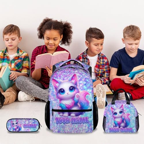 COZYAURA Cat Backpack for Girls Personalized with Name - 3-Piece School Bag Set with Insulated Lunch Box & Pencil Case for Kindergarten & Elementary Students - color: White