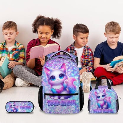 COZYAURA Cat Backpack for Girls Personalized with Name - 3-Piece School Bag Set with Insulated Lunch Box & Pencil Case for Kindergarten & Elementary Students - color: White