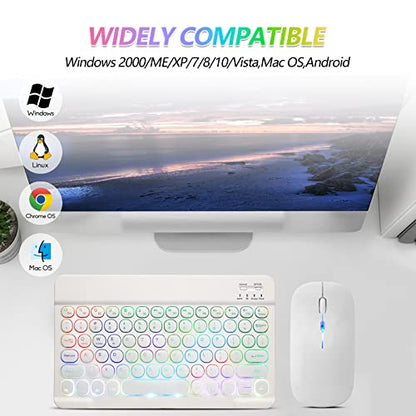 Ultra-Slim Lightweight Bluetooth Keyboard and Mouse Portable Mini Wireless Keyboard Rechargeable 7-Color Backlit for Apple iPad iPhone,Tablet iPhone Smartphone iOS Android Windows,Round Keys White - color: white