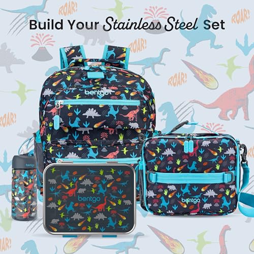 Bentgo Kids Stainless Steel Prints Leak-Resistant Lunch Box - 3-Compartments with Bonus Silicone Container, Durable, Eco-Friendly, Dishwasher Safe, BPA-Free, Ideal for School, Ages 3+ (Dinosaur) - color: Dinosaur