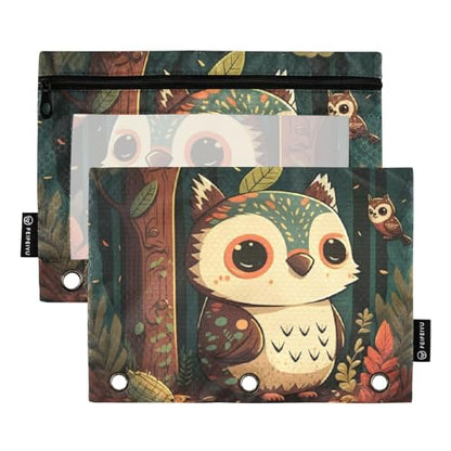 ZAZYXTJ Cute Owl Binder Pencil Pouchs 3 Ring with Zipper Clear Window Office Organizers bag for School Students Teacher Supplies 2 Pack - color: Owl