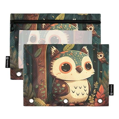 ZAZYXTJ Cute Owl Binder Pencil Pouchs 3 Ring with Zipper Clear Window Office Organizers bag for School Students Teacher Supplies 2 Pack - color: Owl