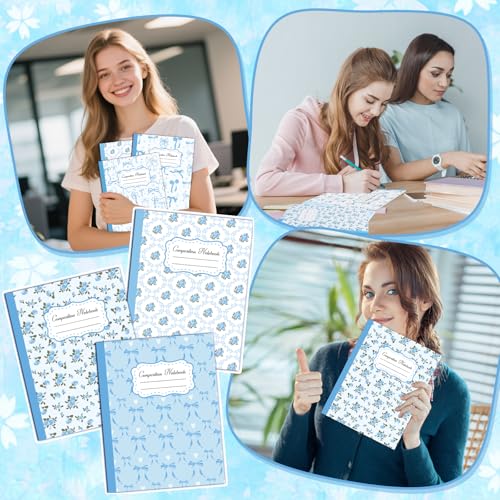 6 Pack Blue Bow Composition Notebooks, Preppy Cute Coquette Notebook,110 Page 9-3/4 x 7-1/2" Aesthetic College Ruled Journal Back to School Gifts First Day of School Favors for Teachers - color: Blue