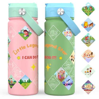 GoKEDA Kids Water Bottle with Stickers, 18oz Vacuum Double Insulated Cup with Straw, 316 Stainless Steel Bottles for School, Gift for Boy(2 Pack, Pink and Green) - color: Pink and Green