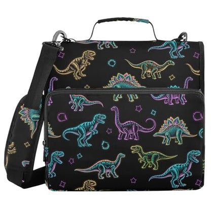 VIGTRO Dinosaur Pattern with Neon Colors 3 Ring Zipper Binder 1.5 Inch Binder Organizer Bag with Shoulder Strap and Handle File Folder for Office Work 500 Sheet Capacity