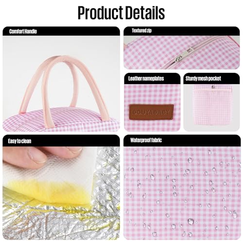 douyadady Lunch Bag Women/Men Lunch Box Women/Men (Pink+White Grid) | Spacious Lightweight Waterproof Sturdy Durable Great Value For Office Work School Picnic Travel - color: Pink+White Grid