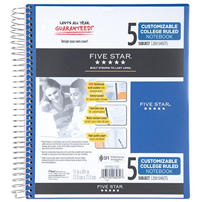 Five Star Spiral Notebook, 5 Subject, College Ruled Paper, 200 Sheets, 11" x 8-1/2", Customizable Cover, Blue (38010) - color: 01 Blue