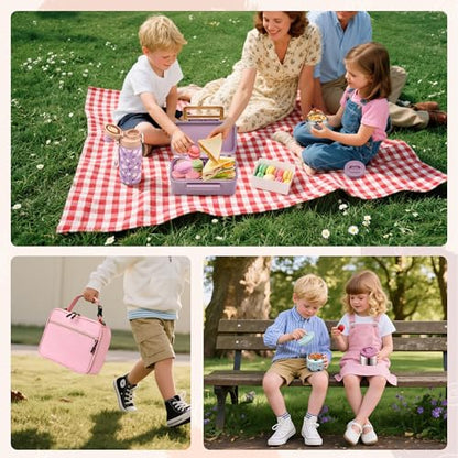 MAISON HUIS Bento Box for Kids with 8oz Soup Thermo, Insulated Lunch Bag & 17oz Water Bottle, 2-Compartment Bento Box with Built-In Ice Pack, Leak-Proof & BPA-Free - color: Pink2