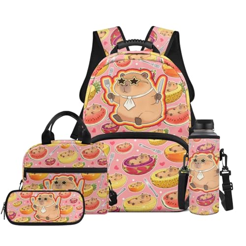 Kids Backpack Set, 4 PCS School Bag with Lunch Box, Pencil Case and Water Bottle Cover, Cute Capybara Print School Bag Set for Elementary School Students Daily Use - color: Capybara Fruit Print