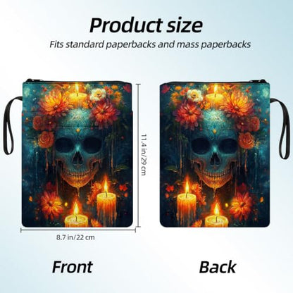 Padded Book Sleeve with Zipper & Front Pocket, Fabric Book Cover | Sugar Skull Gothic Candles11.4"x8.7" Washable Canvas Pouch for Hardcovers, Tablets & Reading Accessories - color: Sugar Skull Gothic Candles