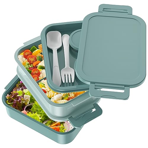 Jelife Bento Box Adult Lunch Box - 72oz Stackable Bento Lunch Box for Adults, 3 Layers All-in-One Large Bento Box Leak-Proof Lunchbox with Utensil Sauce Dressing Containers for Dining Out,Work, Green - color: 2-Green