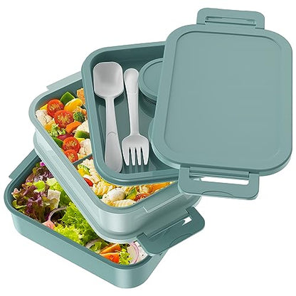 Jelife Bento Box Adult Lunch Box - 72oz Stackable Bento Lunch Box for Adults, 3 Layers All-in-One Large Bento Box Leak-Proof Lunchbox with Utensil Sauce Dressing Containers for Dining Out,Work, Green - color: 2-Green