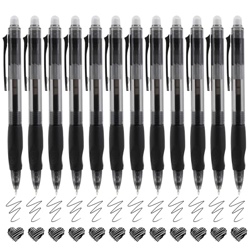 USUAL Retractable Erasable Pens 12 Black Erasable Gel Pen 0.5mm Erasable Gel Pens Black Make Mistakes Disappear Smooth Writing Pen Office Back-to-School Supplies (Black) - color: 12 Black