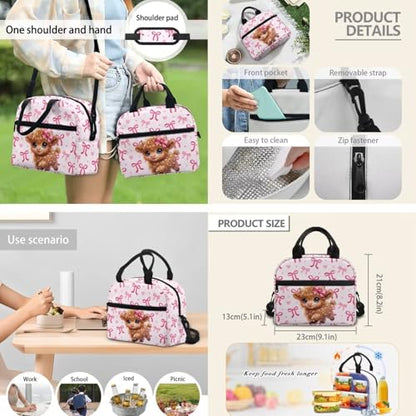 3-in-1 Girls Backpack School Bag and Lunch Box Set Pencil Case for Middle School Teen Highland Cow Print Lightweight Elementary Schoolbags Book Bag Travel Casual Daypack - color: Pink Bows-highland Cow Print