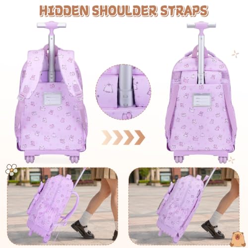 Capybara Theme Rolling Backpack with Lunch Bag & Pencil Case, Kids Rolling Backpack for Girls, Wheeled School Bookbag with Telescoping Handle for Kindergarten Elementary Middle High School - color: Purple