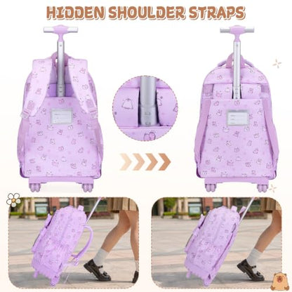 Capybara Theme Rolling Backpack with Lunch Bag & Pencil Case, Kids Rolling Backpack for Girls, Wheeled School Bookbag with Telescoping Handle for Kindergarten Elementary Middle High School - color: Purple