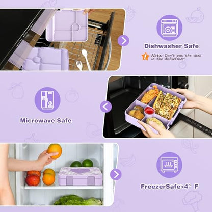 ACESAK Girls Backpack - Bento Box with Insulated Lunch Bag Pencil Case & Utensils Set for Kids, 6 Leakproof Compartments Removable Tray Lunches or Snack Container for School (Purple) - color: Purple