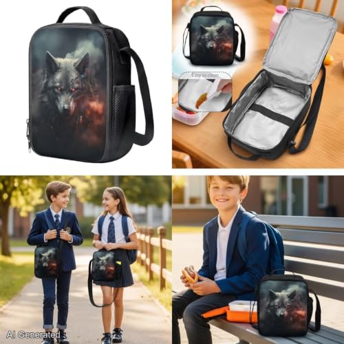 Cool Wolf Backpack for Boys Girls Backpack with Lunch Box Water Bottle Holder with Strap and Big Pencil Case 4PCS Set Bookbag Back to School Gifts for School Teens 17" Sturdy School Bag - color: Cool Wolf