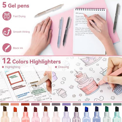 DazSpirit 61PCS Aesthetic College School Supplies Set with Cute Pencil Case | Pastel No Bleed Highlighters, Gel & Erasable Pens, Mechanical Pencils, Refills & Sticky Notes, Complete Stationery Kit - color: Pink
