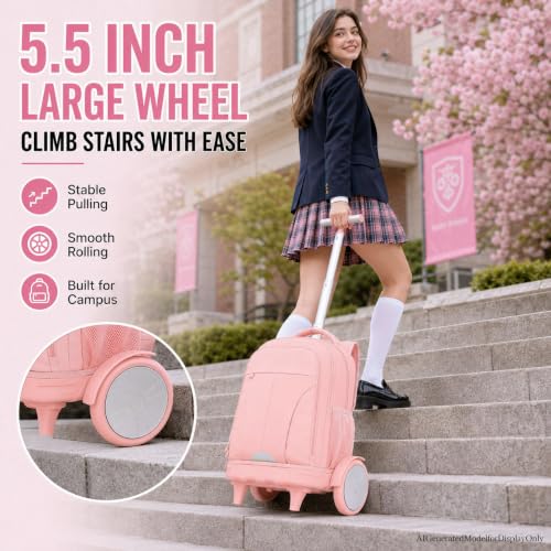 gxtvo Large Wheels & Quiet Glide | Women & Girls Roller Backpack - Water-Resistant Wheeled Bag with Lunch Box for Office, Travel & College - Pink - color: Rolling Backpack Reflective Pink
