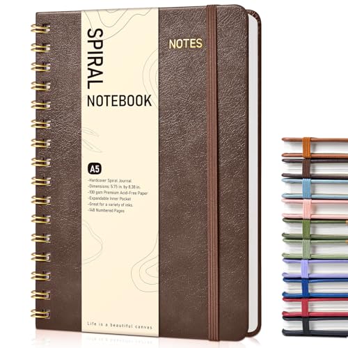 Dotted Spiral Journal Notebook, A5 Hardcover Spiral Journals for Women Men, 100 GSM Dot Grid Paper Notebooks, 150 Pages Spiral Bullet Dotted Notebook for Writing Note Taking 5.75" x 8.38", Dark Brown - color: DarkBrown, size: Dotted