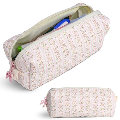 Cute Quilted Pencil Case for Girls Women, Aesthetic Small Floral Pencil Pouch,Slim Soft Pencil Bag for School Supplies Makeup Pouch for School & Daily Use (Floral Stripes) - color: Floral Stripes