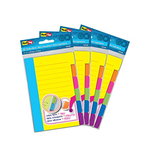 Redi-Tag Divider Sticky Notes, Tabbed Self-Stick Lined Notepads, 240 Ruled Notes, 4" x 6", 4 Books Per Pack, Assorted Colors (B29504) - size: 4 Pack