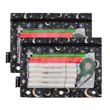 Gredecor 3 Ring Binder Pencil Pouch, Moon Stars Galaxy (4) Zippered Pen Case Pouches with Clear Window, 2 Pack Stylish Office & School Supplie - color: Moon Stars Galaxy (4)
