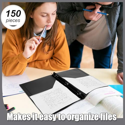 Yeaqee 150 Pack Plastic Folders with Prongs Heavy Duty Plastic 2 Pocket Folder with 3 Prongs, Business Card Slot for Back to School Office Home 11.6 x 9.5 Inch (Black) - color: Black