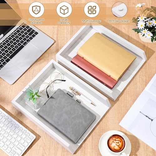 DoubleFill 2 Pcs Wooden Letter Trays 2 Tier Desktop Paper Organizer Wood Letter-Size Desk Document Tray Heavy Duty Stackable Paper Drawer Holder File Folder Back to School Office Home (White) - color: White