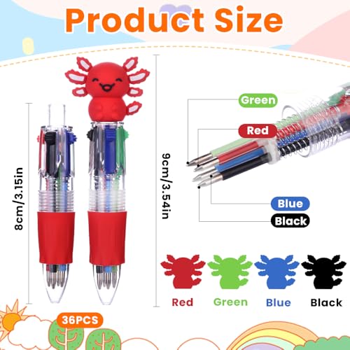Vellibring 36pcs Fun Pens Axolotl Mini Multicolor Pens in One 4-in-1 Bulk Kawaii Axolotl Cute Writing Stationery for Brithday Gifts Party Favors Supplies Rewards Holiday Gifts - style: Cartoon Axolotl-36pcs