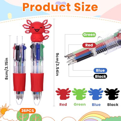Vellibring 36pcs Fun Pens Axolotl Mini Multicolor Pens in One 4-in-1 Bulk Kawaii Axolotl Cute Writing Stationery for Brithday Gifts Party Favors Supplies Rewards Holiday Gifts - style: Cartoon Axolotl-36pcs