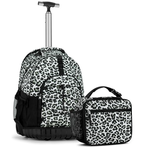 Choco Mocha Rolling Backpack for Girls, 18 Inch Roller Backpack for Middle School Bookbag with Wheels for Teen Girl, Leopard Rolling Backpacks for Girls 8-12 with Lunch Bag Set, Black - color: Cheetah Black