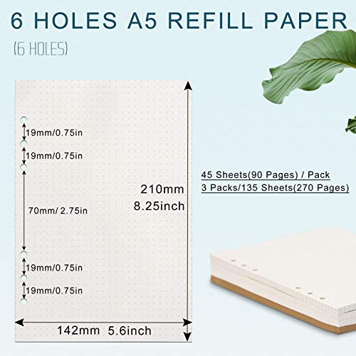 Toplive [3 Pack] A5 Refill Paper - 100GSM Thick 6 Hole Filler Inserts, 135 Sheets (270 Pages) for 6 Ring Binder Journal Notebook, Dotted - style: 3Pack Dot Paper