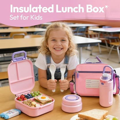 Itslife Bento Box for Kids Set, Insulated Food Container,Kids Lunch Box, 7 oz Thermos for Hot Food, 12 oz Thermos Water Bottle, Reusable Insulated Ice Bag & Fork Spoon Utensils Camping Travel Pink - color: Pink