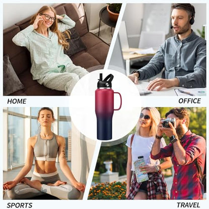 Insulated Water Bottle 32 OZ - with Straw & Pop-up Spout Lid, Keep Cold-48H Hot-12H, Stainless-Steel with handle for Women Men, Metal Flask Water Bottle Fits in Cup Holder - color: Rose&Purple, size: 32 ounces with handle